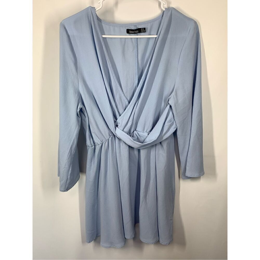 Boohoo Women's Long Sleeves V-Neck Waist Tie Wrap Dress Light Blue Size 10 US